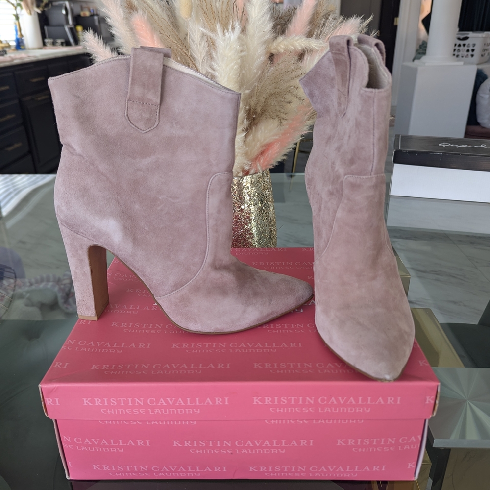 Kristin Cavallari Pink Suede Pointed Toe Block Heel Ankle Boots